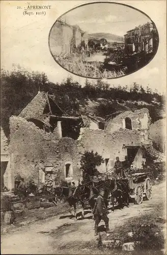 Ak Apremont Maas, Ruinen Sept. 1918, Kriegszerstörung, Straßenansicht, Pferdekutsche