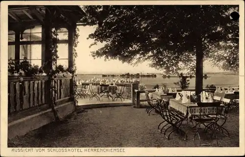 Ak Herrenchiemsee, Aussicht vom Schlosshotel, Restaurateur Hans Huber