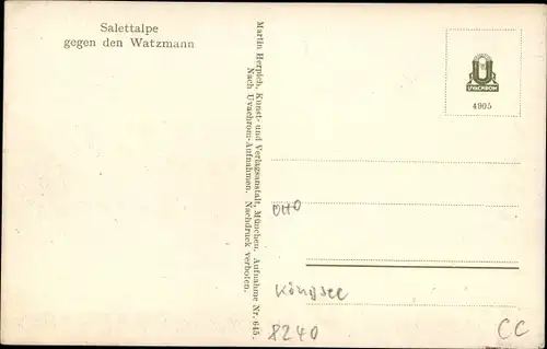 Ak Schönau am Königssee Oberbayern, Saletalpe, Saletalm, Watzmann