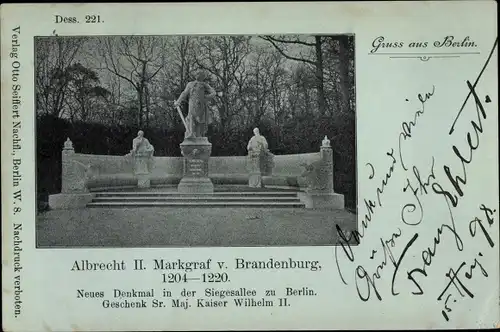 Mondschein Ak Berlin Tiergarten, Siegesallee, neues Denkmal Albrecht II. Markgraf von Brandenburg