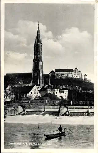 Ak Landshut in Niederbayern, Isar, Kirche, Boot