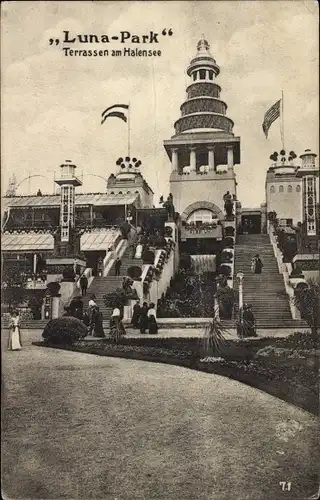 Ak Berlin Wilmersdorf Halensee, Lunapark, Terrassen, Fahnen