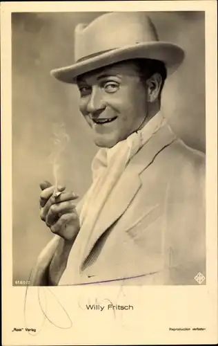 Ak Schauspieler Willy Fritsch, Portrait, Hut, Zigarette, Autogramm