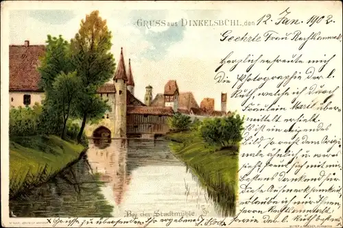 Litho Dinkelsbühl in Mittelfranken, Partie bei der Stadtmühle