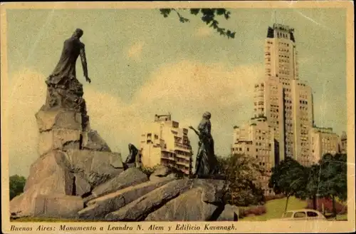 Ak Buenos Aires, Argentinien, Denkmal für Leandro N. Alem und Kavanagh-Gebäude