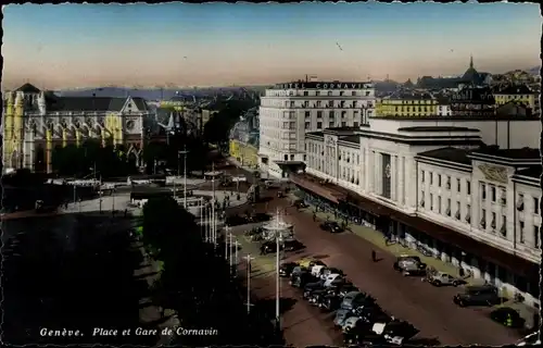 Ak Genf Genf Schweiz, Place und Cornavin Station