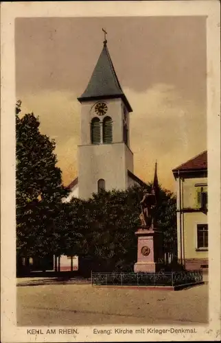 Ak Kehl am Rhein Ortenaukreis Baden Württemberg, Evangelische Kirche mit Kriegerdenkmal