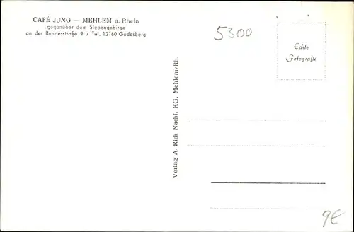 Ak Mehlem Bad Godesberg Bonn am Rhein, Cafe Jung, an der B9