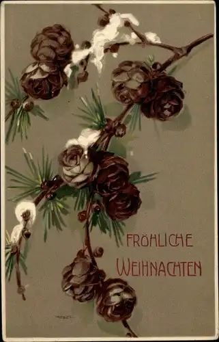 Präge Ak Frohe Weihnachten, Tannenzapfen, Tannenzweig, Schnee