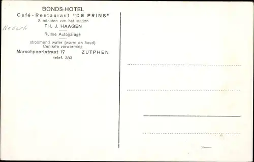 Ak Zutphen Gelderland, Bonds-Hotel De Prins