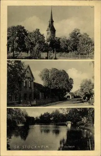 Ak Groß Stöckheim Wolfenbüttel in Niedersachsen, Dorfteich, Kirche, Dorfstraße