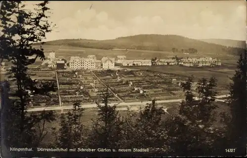 Ak Klingenthal im Vogtland Sachsen, Dürrenbachtal mit Schrebergärten und neuem Stadtteil