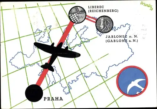 Landkarten Ak Ceskoslovenske Statni Aerolinie, Liberec, Jablonec, Praha