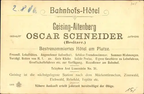 Ak Geising Altenberg im Erzgebirge, Totalansicht, Bahnhofshotel, Turm