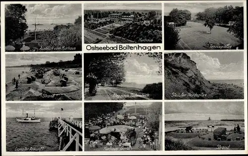 Ak Ostseebad Boltenhagen, Kurhaus, Tennisplätze, Dampfer-Ankunft, Strand, Steilufer Nordspitze