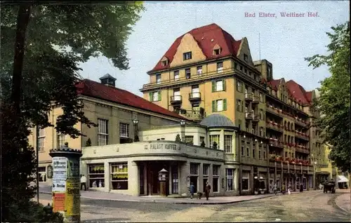 Ak Bad Elster im Vogtland, Wettiner Hof, Palast-Kaffee, Litfaßsäule