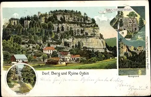 Litho Oybin in Sachsen, Dorf, Berg, Ruine, Oberes Burgtor, Friedhof und Kirchruine, Hausgrund