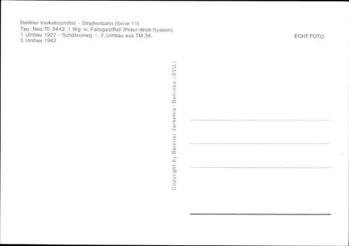 Ak Berliner Verkehrsmittel, Straßenbahn Serie 11 Typ Neu TE 3442, Peter Wott System, Wagen 3801, BVG