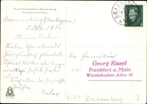 Ak Brannenburg in Oberbayern, Posterholungsheim, Blick gegen Petersberg