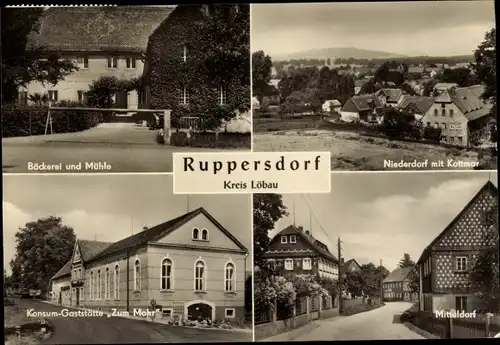 Ak Ruppersdorf Herrnhut in der Oberlausitz, Bäckerei, Mühle, Niederdorf mit Kottmar, Zum Mohr