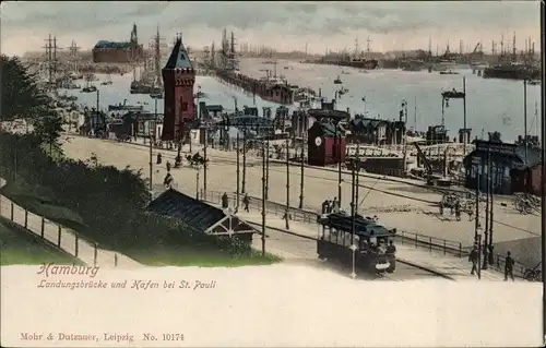 Ak Hamburg Mitte St. Pauli, Landungsbrücke, Hafen, Tram