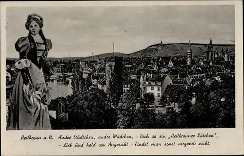 Ak Heilbronn am Neckar, Gedicht, Panorama, Frau in Tracht