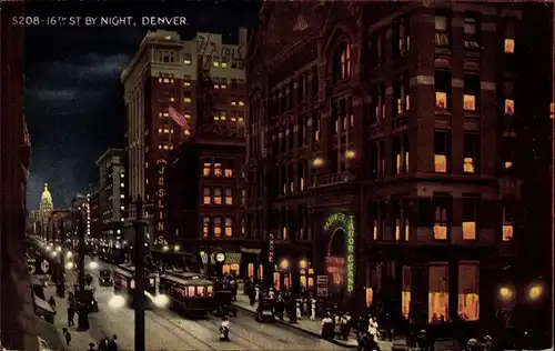 Ak Denver Colorado, 16th Street by Night, Tabor Grand, Straßenbahn