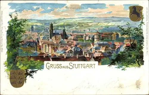 Künstler Litho Stuttgart in Baden Württemberg, Totalansicht der Ortschaft, Wappen