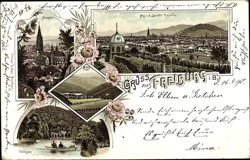 Litho Freiburg im Breisgau, Münster, Waldsee, Ansicht v. d. Loretto Kapelle