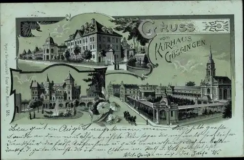 Mondschein Litho Göggingen in Augsburg, Kurhaus, Teilansicht der Stadt