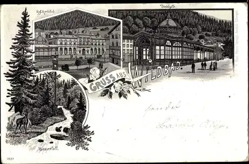 Litho Bad Wildbad im Schwarzwald, Trinkhalle, Kgl. Karlsbad, Wasserfall