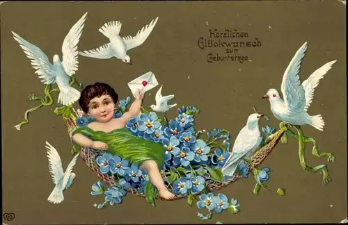 Ak Glückwunsch Geburtstag, Kind, Tauben, Vergissmeinnicht