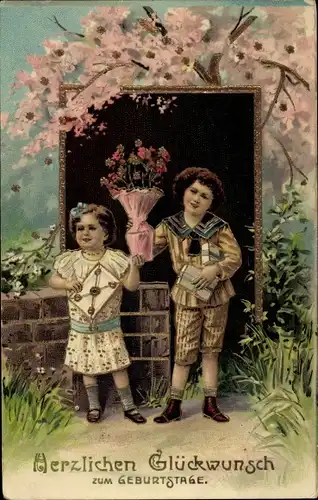 Ak Glückwunsch Geburtstag, Kinder, Blumenstrauß, Blühender Baum