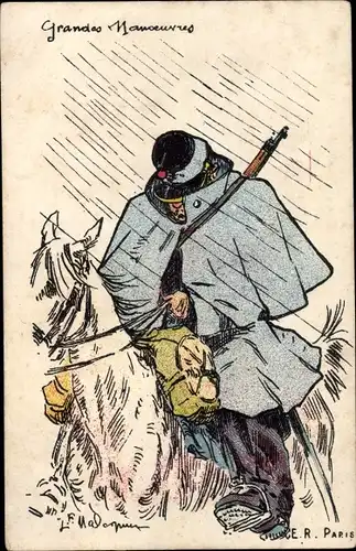 Künstler Ak Karikatur von einem französischen Soldaten im Regen