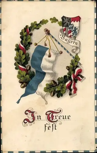 Wappen Litho In Treue fest, Bayrisches Wappen, Fahne, Eichenlaub