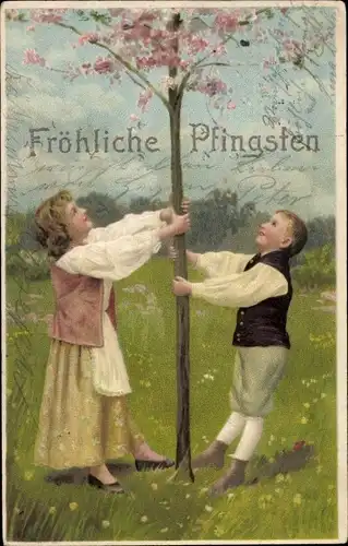 Präge Litho Glückwunsch Pfingsten, Kinder am blühenden Baum