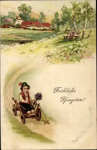 Ak Glückwunsch Pfingsten, Kind, Karren, Birke, Blumen