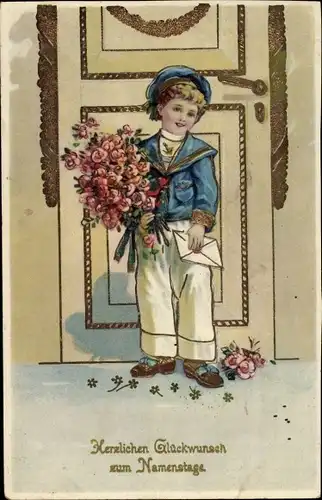Ak Glückwunsch Namenstag, Kind, Gratulant, Blumenstrauß, Rosen