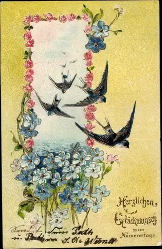 Präge Ak Glückwunsch Namenstag, Schwalben, Vergissmeinnicht, Rosen