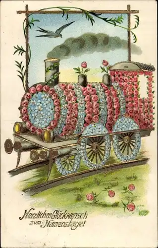 Präge Ak Glückwunsch Namenstag, Eisenbahn, Rosen, Vergissmeinnicht