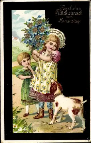 Präge Ak Glückwunsch Namenstag, Kinder, Hund, Vergissmeinnicht