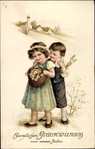 Präge Ak Glückwunsch Neujahr, Blumenkorb, Mädchen, Junge, Schneelandschaft