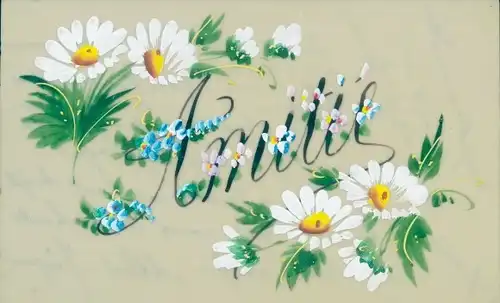 Zelluloid Ak Margeriten, Vergissmeinnicht, Blumen, Kitsch