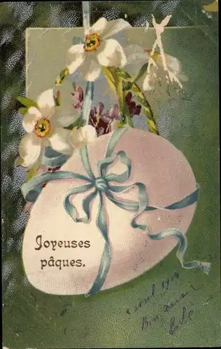 Litho Glückwunsch Ostern, Osterei, Schleife, Blumen
