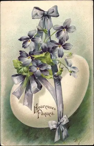 Präge Litho Glückwunsch Ostern, Osterei, Veilchen, Schleife