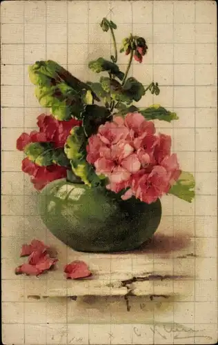 Künstler Ak Klein, Catharina, Pinke Blumen, Blumenvase