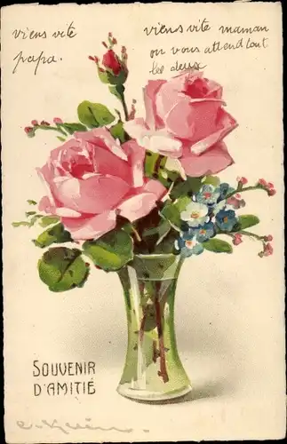 Künstler Ak Klein, Catharina, Blumen, Glas, Rosen, Vergissmeinnicht