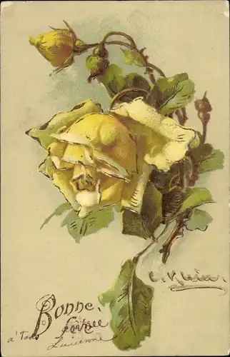 Präge Künstler Litho Klein, Catharina, Glückwunsch Neujahr, Blühende gelbe Rosen