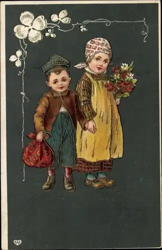 Präge Ak Kinder, Geschwister, Blumen, Glücksklee, Gratulanten