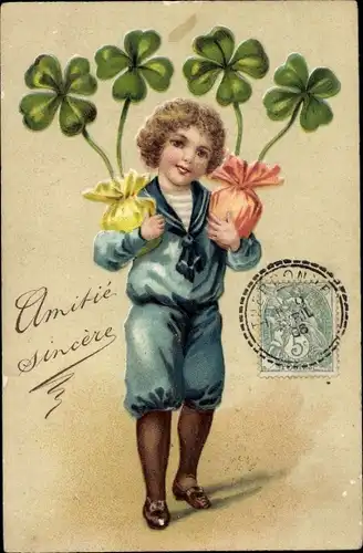 Präge Litho Kind mit Glücksklee, Portrait, Glückwunsch